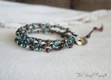 Load image into Gallery viewer, Handmade Women's Boho Wrap Crocheted Bead Wrap Bracelet in teal and brown