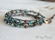 Load image into Gallery viewer, Handmade Women's Boho Wrap Crocheted Bead Wrap Bracelet in teal and brown
