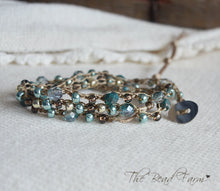 Load image into Gallery viewer, Handmade Women's Boho Wrap Crocheted Bead Wrap Bracelet in teal and brown. Triple wrap crocheted beaded bracelet. Crocheted bead necklace