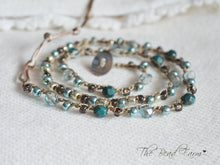 Load image into Gallery viewer, Handmade Women's Boho Wrap Crocheted Bead Wrap Bracelet in teal and brown. Triple wrap crocheted beaded bracelet. Crocheted bead necklace