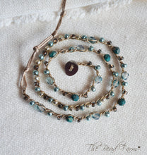 Load image into Gallery viewer, Handmade Women's Boho Wrap Crocheted Bead Wrap Bracelet in teal and brown. Triple wrap crocheted beaded bracelet. Crocheted bead necklace