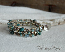 Load image into Gallery viewer, Handmade Women's Boho Wrap Crocheted Bead Wrap Bracelet in teal and brown. Triple wrap crocheted beaded bracelet. Crocheted bead necklace