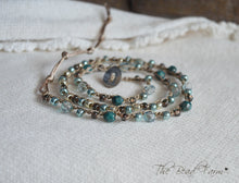 Load image into Gallery viewer, Handmade Women's Boho Wrap Crocheted Bead Wrap Bracelet in teal and brown. Triple wrap crocheted beaded bracelet. Crocheted bead necklace