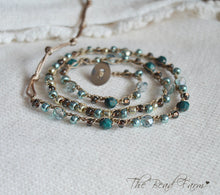 Load image into Gallery viewer, Handmade Women's Boho Wrap Crocheted Bead Wrap Bracelet in teal and brown. Triple wrap crocheted beaded bracelet. Crocheted bead necklace