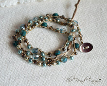 Load image into Gallery viewer, Handmade Women's Boho Wrap Crocheted Bead Wrap Bracelet in teal and brown. Triple wrap crocheted beaded bracelet. Crocheted bead necklace