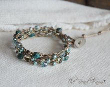 Load image into Gallery viewer, Handmade Women's Boho Wrap Crocheted Bead Wrap Bracelet in teal and brown. Triple wrap crocheted beaded bracelet. Crocheted bead necklace