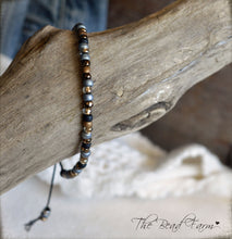Load image into Gallery viewer, Adjustable Boho Hippie Seed Bead Bracelet in denim blue, gold, and black