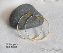Load image into Gallery viewer, 1 5/8" Beaded Hoop Earrings, Boho Hippie Style Beaded Hoop Earrings in white and gold