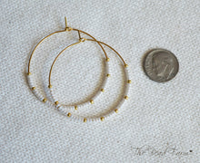 Load image into Gallery viewer, 1 5/8" Beaded Hoop Earrings, Boho Hippie Style Beaded Hoop Earrings in white and gold