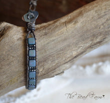 Load image into Gallery viewer, Matte Blue Tile Bead and Leather Wrap Bracelet