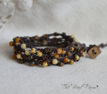 Load image into Gallery viewer, Crocheted Bead Wrap Bracelet in earthy autumn color. Long Dainty Hand Crocheted Beaded Necklace. Multi wrap 6x wrap bracelet. 38 inch.