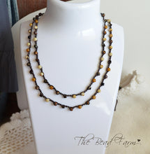 Load image into Gallery viewer, Crocheted Bead Wrap Bracelet in earthy autumn color. Long Dainty Hand Crocheted Beaded Necklace. Multi wrap 6x wrap bracelet. 38 inch.