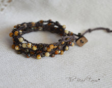 Load image into Gallery viewer, Crocheted Bead Wrap Bracelet in earthy autumn color. Long Dainty Hand Crocheted Beaded Necklace. Multi wrap 6x wrap bracelet. 38 inch.