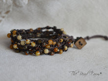 Load image into Gallery viewer, Crocheted Bead Wrap Bracelet in earthy autumn color. Long Dainty Hand Crocheted Beaded Necklace. Multi wrap 6x wrap bracelet. 38 inch.