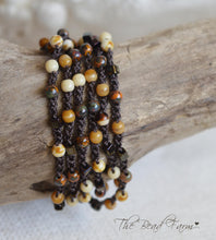 Load image into Gallery viewer, Crocheted Bead Wrap Bracelet in earthy autumn color. Long Dainty Hand Crocheted Beaded Necklace. Multi wrap 6x wrap bracelet. 38 inch.