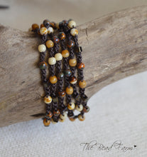 Load image into Gallery viewer, Crocheted Bead Wrap Bracelet in earthy autumn color. Long Dainty Hand Crocheted Beaded Necklace. Multi wrap 6x wrap bracelet. 38 inch.