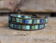 Load image into Gallery viewer, Boho Beaded Leather Wrap Bracelet in Beach Colors- Tile Wraps- The Bead Farm