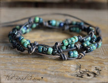 Load image into Gallery viewer, Knotted Leather Triple Wrap Bracelet with Picasso Beads - The Bead Farm