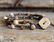 Load image into Gallery viewer, Crocheted Jasper and Wood Bead Wrap Bracelet. Earth Tones Bracelet