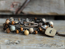 Load image into Gallery viewer, Crocheted Jasper and Wood Bead Triple Wrap Bracelet. Earth Tones Bracelet