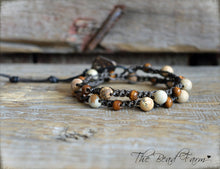 Load image into Gallery viewer, Crocheted Jasper and Wood Bead Wrap Bracelet. Earth Tones Bracelet