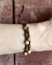 Load image into Gallery viewer, Crocheted Jasper and Wood Bead Wrap Bracelet. Earth Tones Bracelet