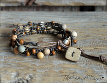 Load image into Gallery viewer, Crocheted Jasper and Wood Bead Triple Wrap Bracelet. Earth Tones Bracelet