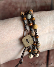 Load image into Gallery viewer, Crocheted Jasper and Wood Bead Triple Wrap Bracelet. Earth Tones Bracelet