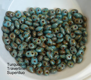 Turquoise Blue Travertine Czech Glass Super Duo beads by Matubo