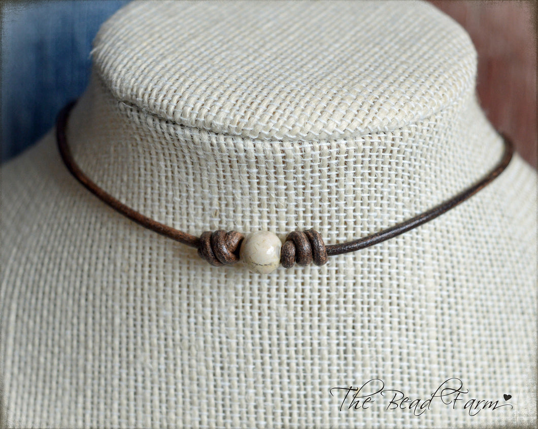 Leather Choker with Natural Stones - The Bead Farm