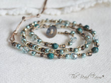 Load image into Gallery viewer, Handmade Women&#39;s Boho Wrap Crocheted Bead Wrap Bracelet in teal and brown.  Triple wrap crocheted beaded bracelet.  Crocheted bead necklace
