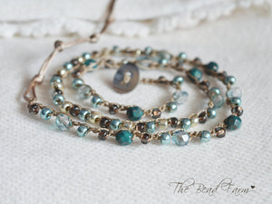 Handmade Women's Boho Wrap Crocheted Bead Wrap Bracelet in teal and brown.  Triple wrap crocheted beaded bracelet.  Crocheted bead necklace