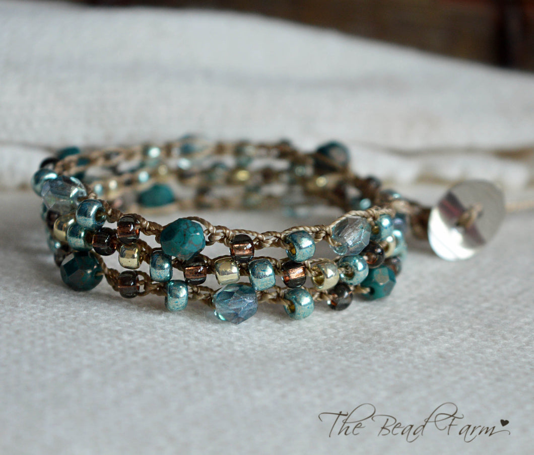 Handmade Women's Boho Wrap Crocheted Bead Wrap Bracelet in teal and brown.  Triple wrap crocheted beaded bracelet.  Crocheted bead necklace