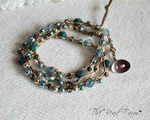 Handmade Women's Boho Wrap Crocheted Bead Wrap Bracelet in teal and brown.  Triple wrap crocheted beaded bracelet.  Crocheted bead necklace