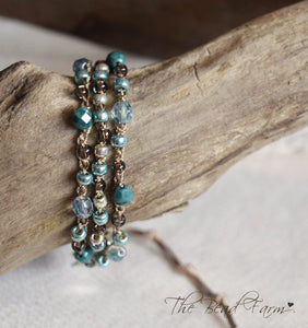 Handmade Women's Boho Wrap Crocheted Bead Wrap Bracelet in teal and brown.  Triple wrap crocheted beaded bracelet.  Crocheted bead necklace