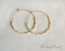 Load image into Gallery viewer, 1 5/8&quot; Beaded Hoop Earrings, Boho Hippie Style Beaded Hoop Earrings in white and gold
