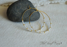 Load image into Gallery viewer, 1 5/8&quot; Beaded Hoop Earrings, Boho Hippie Style Beaded Hoop Earrings in white and gold
