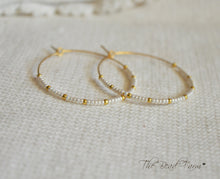 Load image into Gallery viewer, 1 5/8&quot; Beaded Hoop Earrings, Boho Hippie Style Beaded Hoop Earrings in white and gold
