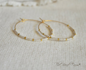 1 5/8" Beaded Hoop Earrings, Boho Hippie Style Beaded Hoop Earrings in white and gold