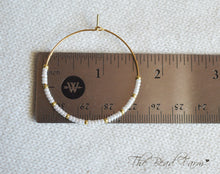 Load image into Gallery viewer, 1 5/8&quot; Beaded Hoop Earrings, Boho Hippie Style Beaded Hoop Earrings in white and gold
