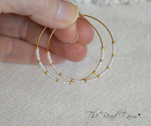 Load image into Gallery viewer, 1 5/8&quot; Beaded Hoop Earrings, Boho Hippie Style Beaded Hoop Earrings in white and gold
