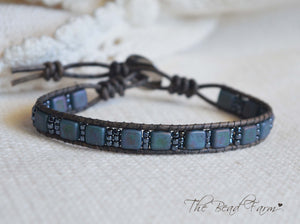 Matte Blue Tile Bead and Leather Wrap Bracelet