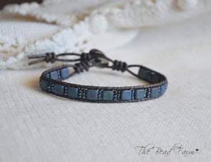 Matte Blue Tile Bead and Leather Wrap Bracelet