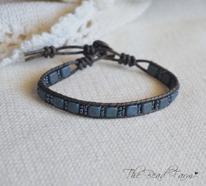 Matte Blue Tile Bead and Leather Wrap Bracelet