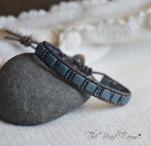 Matte Blue Tile Bead and Leather Wrap Bracelet