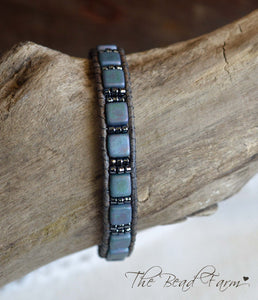 Matte Blue Tile Bead and Leather Wrap Bracelet