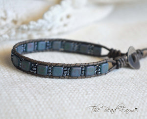 Matte Blue Tile Bead and Leather Wrap Bracelet