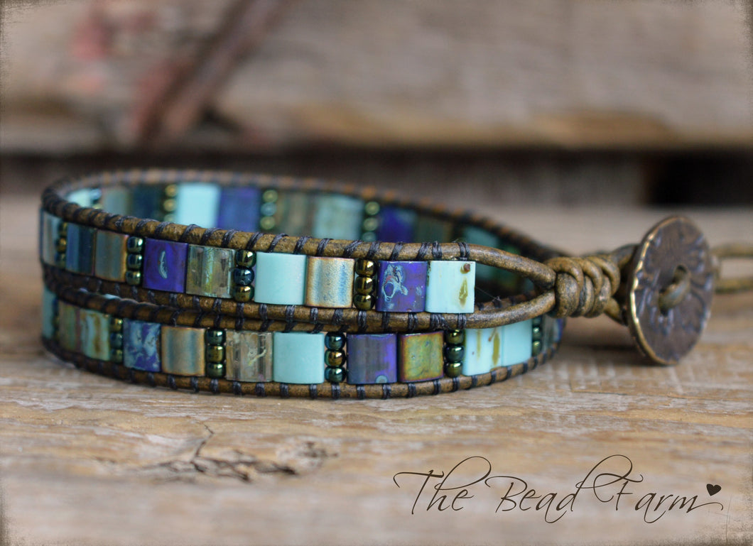 Boho Beaded Leather Wrap Bracelet in Beach Colors- Tile Wraps- The Bead Farm