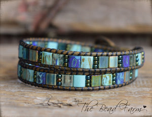 Boho Beaded Leather Wrap Bracelet in Beach Colors- Tile Wraps- The Bead Farm