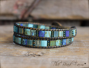 Boho Beaded Leather Wrap Bracelet in Beach Colors- Tile Wraps- The Bead Farm